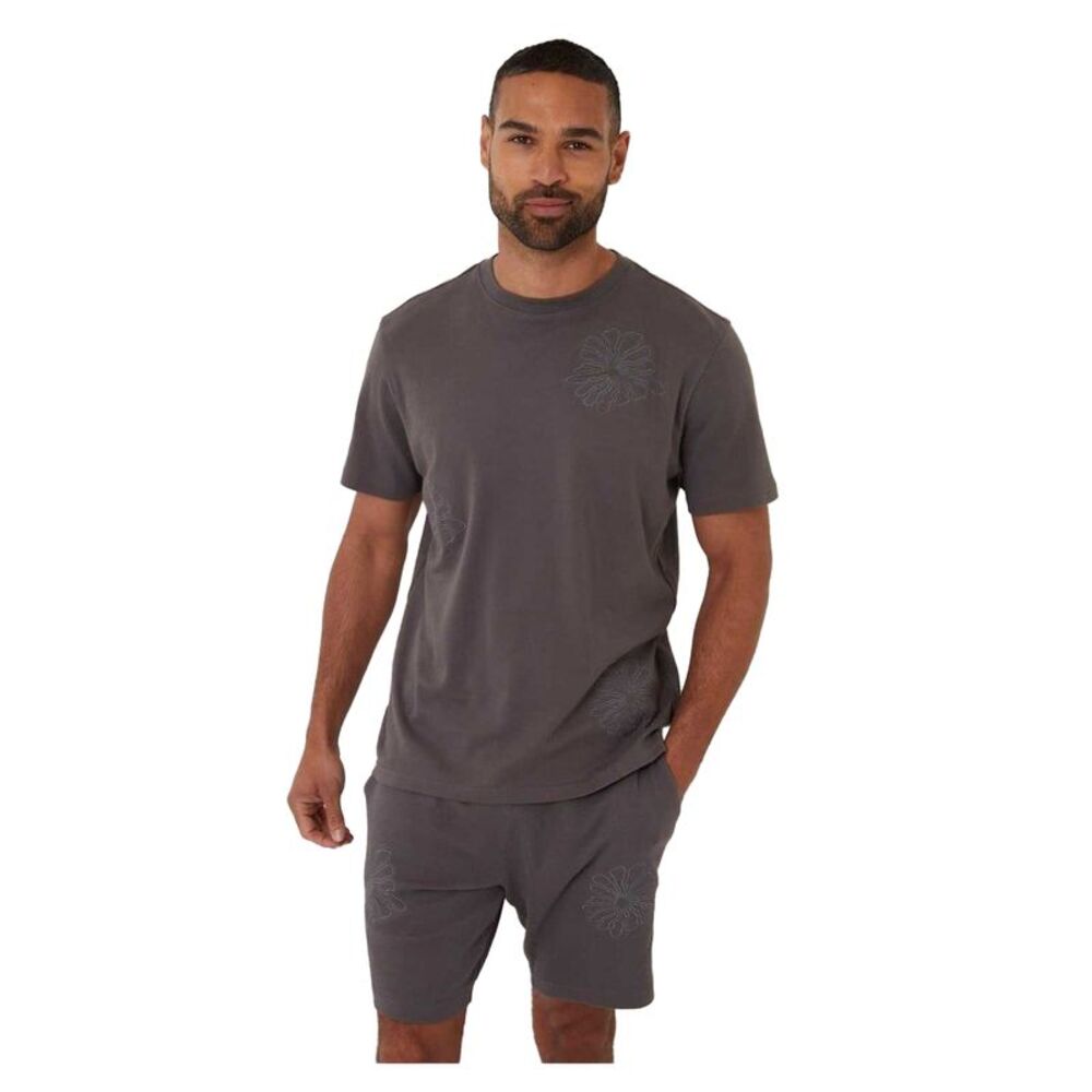 Threadbare Mens Embroidered Flower Regular T-Shirt / Slate